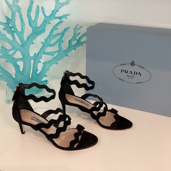 Prada Black Suede Scalloped Straps Heel Sandal MSRP: $1140 Size 36.5 - Picture 13 of 16